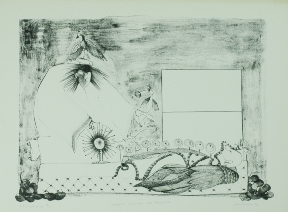 Adam mange les serpents, lithographie par Carmen Coulombe, 1976